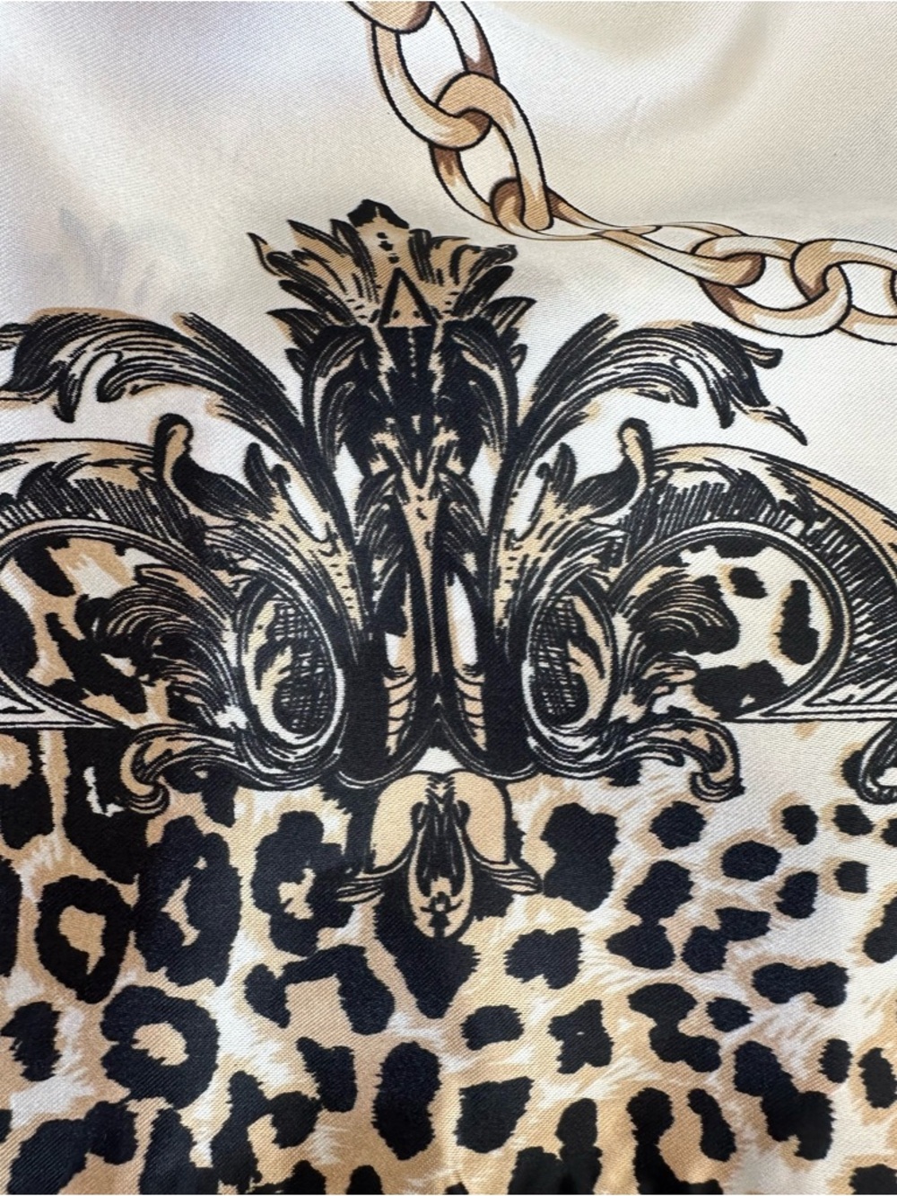 Scarf, 35” Square, white, black and gold, elegant design, NEW, very nice!